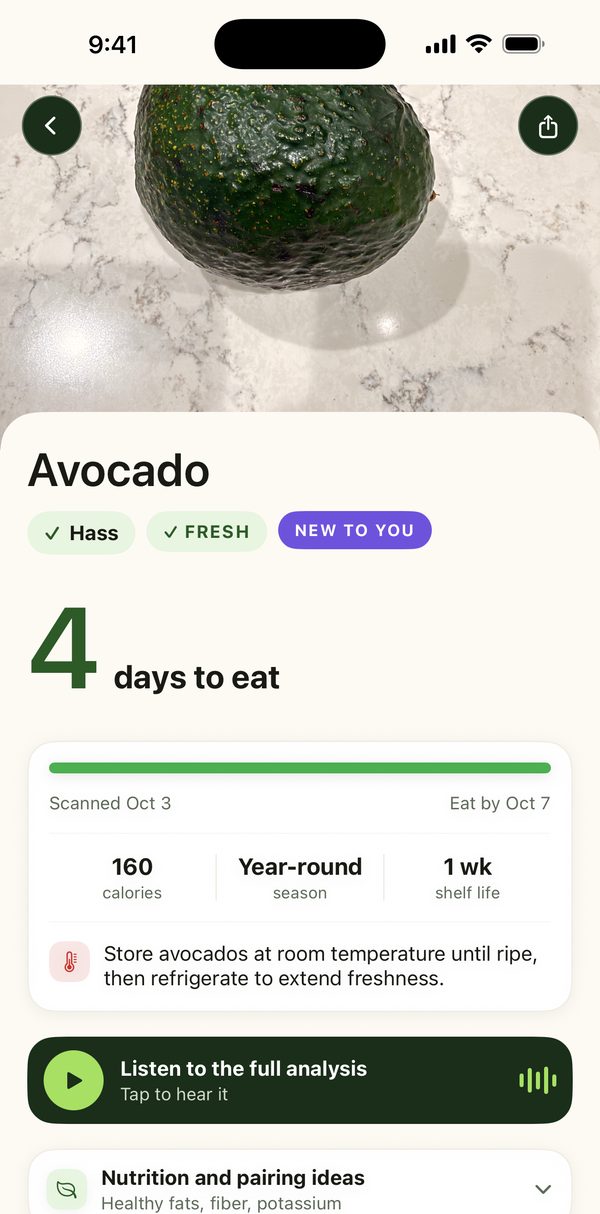 PluckFresh scan result showing an avocado with 4 days to eat and a storage tip