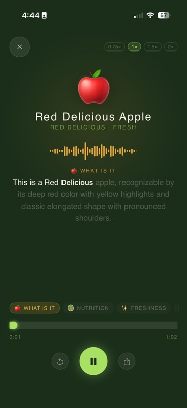PluckFresh voice narration reading freshness analysis aloud