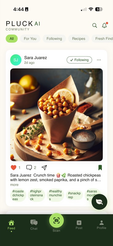 PluckFresh community feed with recipe sharing