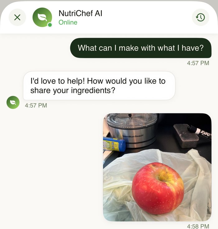 NutriChef AI chat: a user asks what they can make and shares a photo of an apple
