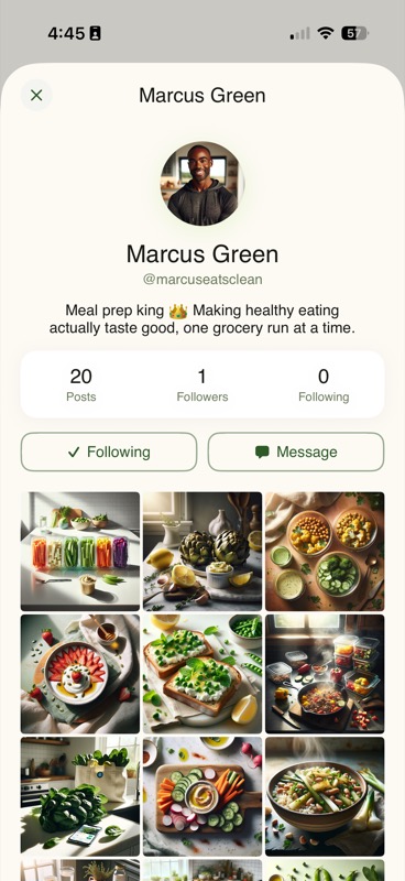 PluckFresh user profile showing scan history and shared recipes